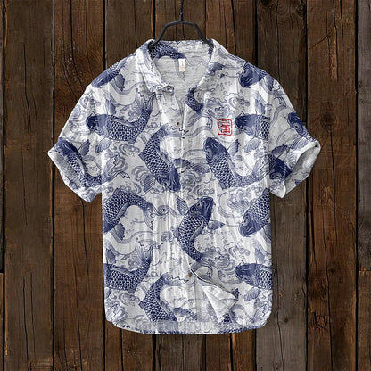 Wisp™ | Linen Shirt Featuring Koi Fish Art