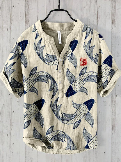 Wisp™ | Linen Shirt Featuring Koi Fish Art