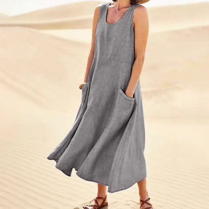 Vintage Cotton Linen Long Dresses for Women Summer Solid Color Sleeveless Boho Maxi Dress Pocket Loose Tank Dress plus Size 5XL