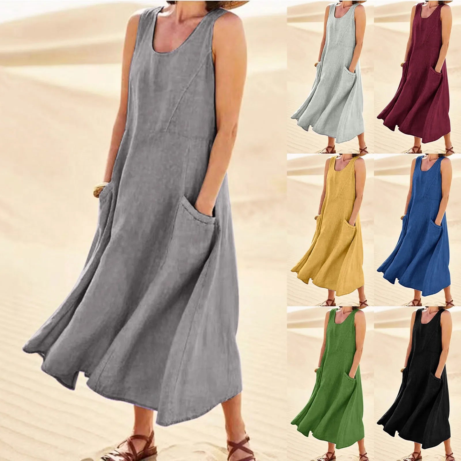 Vintage Cotton Linen Long Dresses for Women Summer Solid Color Sleeveless Boho Maxi Dress Pocket Loose Tank Dress plus Size 5XL