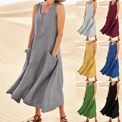 Vintage Cotton Linen Long Dresses for Women Summer Solid Color Sleeveless Boho Maxi Dress Pocket Loose Tank Dress plus Size 5XL