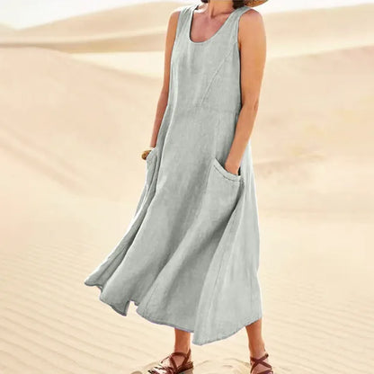 Vintage Cotton Linen Long Dresses for Women Summer Solid Color Sleeveless Boho Maxi Dress Pocket Loose Tank Dress plus Size 5XL