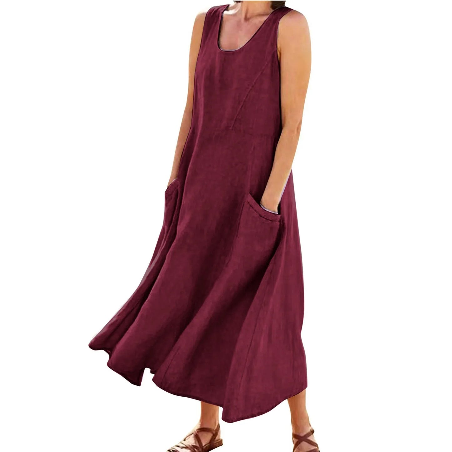 Vintage Cotton Linen Long Dresses for Women Summer Solid Color Sleeveless Boho Maxi Dress Pocket Loose Tank Dress plus Size 5XL