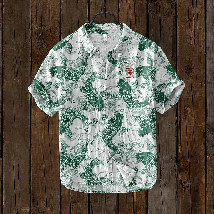 Wisp™ | Linen Shirt Featuring Koi Fish Art