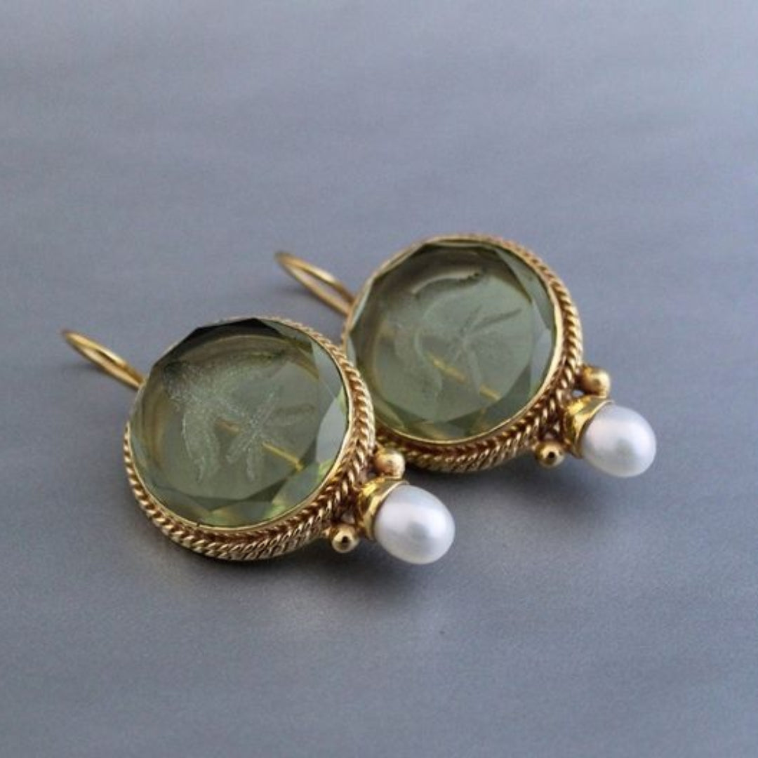 Penelope - Vintage Rounded Green Stone Pearl Earrings