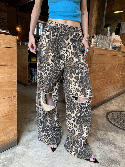 Leovelle™ | Leopard Print Ripped Wide-Leg Jeans