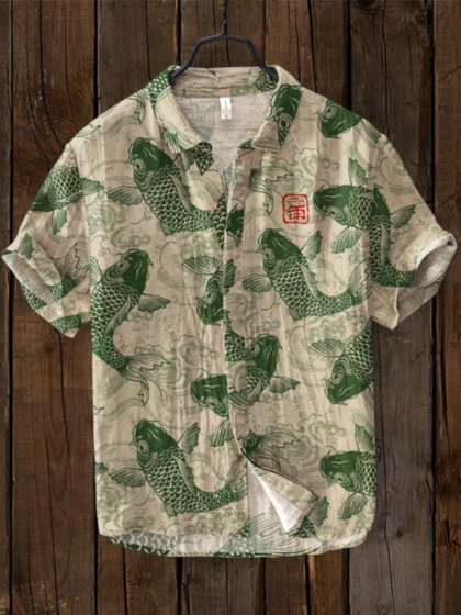 Wisp™ | Linen Shirt Featuring Koi Fish Art