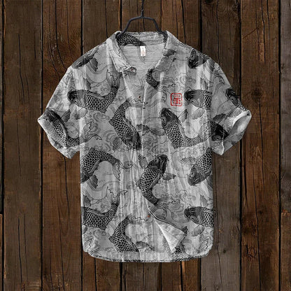 Wisp™ | Linen Shirt Featuring Koi Fish Art