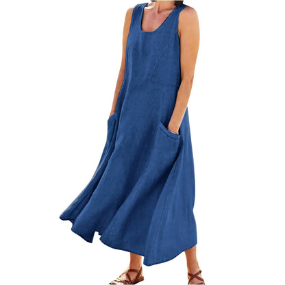 Vintage Cotton Linen Long Dresses for Women Summer Solid Color Sleeveless Boho Maxi Dress Pocket Loose Tank Dress plus Size 5XL