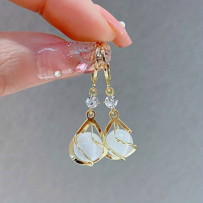 Vintage White Opal Dangling Golden Earrings